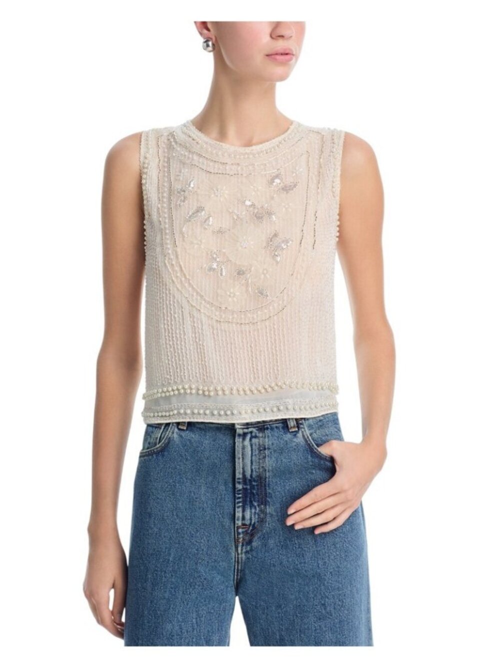 NWT Aqua Womens Pearl Embellished Beaded Tank Top IBO26963 Ivory Off White XXS